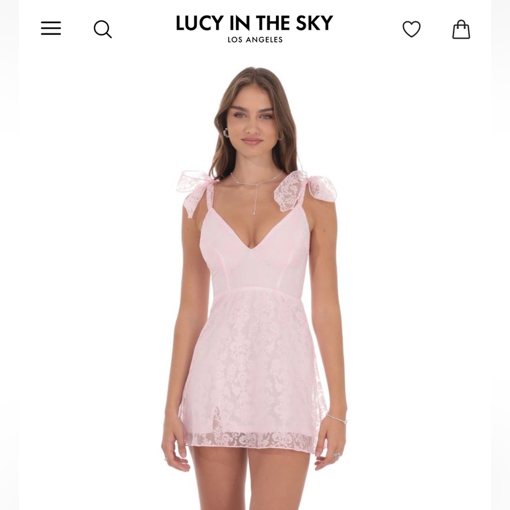 LUCY IN THE SKY baby pink lace mini dress, motif tie shoulder; unworn; brand new